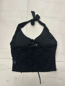 Black Lace Halter Neck Crop Top