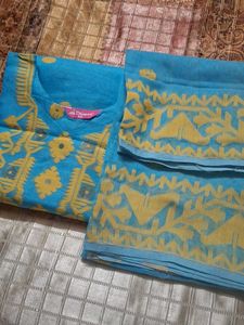 Blue cotton jamdani Kurta with Yellow Embroidery