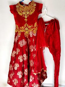 Red Embroidered Girls' Anarkali Suit