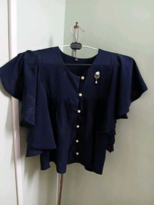 New Elegant Navy Blue Flutter Sleeve Top
