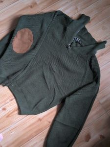 Green Ribbed Knit Sweater with Suede Patches