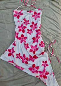 Floral Pink Ruched Halter Neck Mini Dress