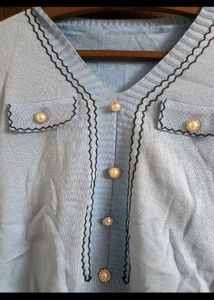 coquette Cute Blue Button-Up Knit Korean Top