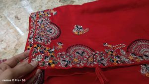 Vibrant Red Embroidered Saree with Blouse