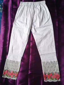 Beautiful White Pants With Pink Embroidery