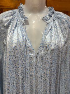 Blue Floral Print Tie Neck Top