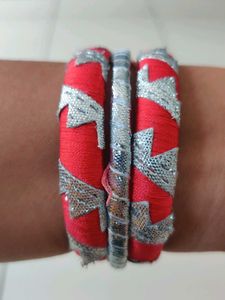 Red &amp; Silver Embellished Bangles