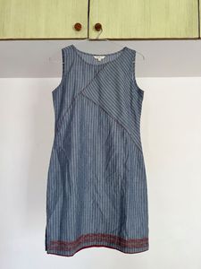 Blue Striped Kurta with Red Embroidery