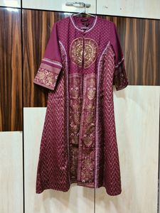 Wine Colour Kurta Set With Ethnic Jacket