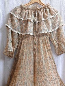 Vintage Yellow Floral Pleated Midi Dress
