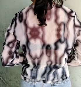 Abstract Print Button-Up Mesh Top