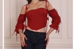 Red Off-Shoulder Corset Top with Tassels