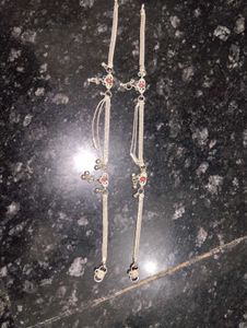 Elegant Silver Anklets with Red and Green Stones