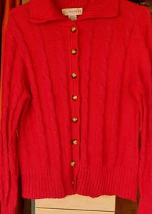 Women L Red Cable Knit Button-Up Cardigan