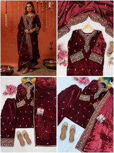 Elegant Maroon Velvet Kurta Set