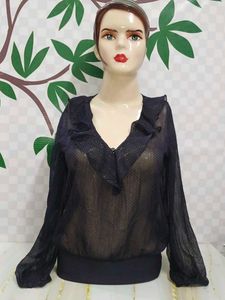 (882)Black Sheer Long Sleeve Ruffle Bodysuit