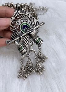 Krishna Feather &amp; Flute - Oxidised Necklace