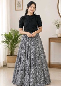 Chic Black Top & Checkered Skirt Set