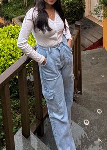 Light Wash Wide Leg Cargo Jeans