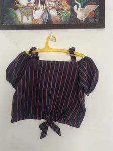 Striped Off-Shoulder Tie-Front Blouse