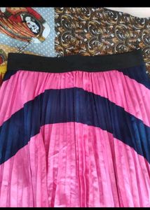 Pink &amp; Navy Striped Pleated Skirt
