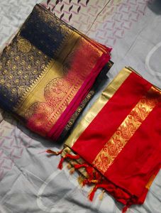 2 Saree Combo - Red &amp; Gold, Pink &amp; Blue