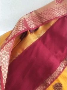 Yellow &amp; Maroon Silk Blend Saree