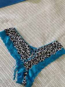 Leopard Print Thong with Blue Lace Trim