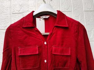 New with tag Chic Red Button-Up Crop Shirt