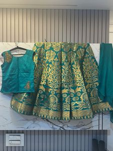 Silk Teal &amp; Gold Brocade 3 piece  Lehenga KurtiSet