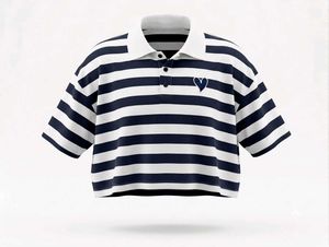 Navy &amp; White Striped Polo Crop Top