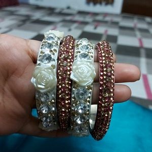 🤩beautiful pink colour stone studded bangles and cream toned flower attaches beautiful kadas😍both can be paired with each other ,looks great😍