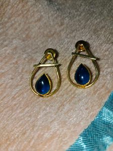 Gold Tone Teardrop Earrings with Blue Gemstone