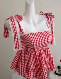 Red Gingham Lace Trim Top