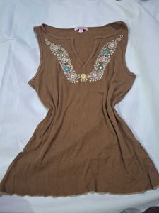 Brown Embroidered Sleeveless Top