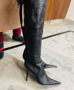 Italian Black Leather Pencil Over-the-Knee Boots