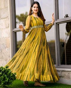 Women's Mustard Yellow Printed Anarkali Gown | Lon