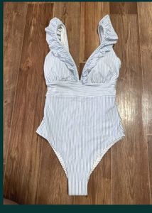 H&amp;M Paded Striped Ruffle Swimsuit