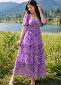 Purple Floral Tiered Midi Dress