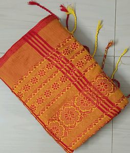 85)yellow red begumpuri saree