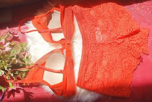 Orange Lace Bralette with High-Waisted Briefs Set