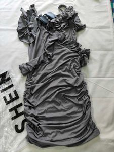 Chic Grey Ruched Ruffle Dress
