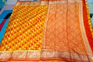 pure khaddi chiffon yellow lahariya banarasi Saree