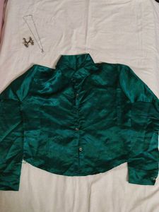 Emerald Satin Cropped Shirt