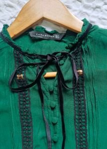 ZARA Green Long Sleeve Lace Detail Top