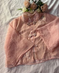 Elegant Pink Embroidered Mandarin Collar Blouse