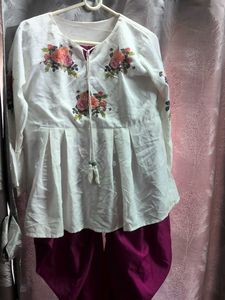 Floral Embroidered White Top &amp; Dhoti Set