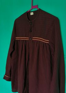 Maroon Trendy Full Sleeves Notched Neckline Top , XL