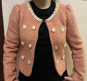 Chic Pearl Embellished Textured Coat