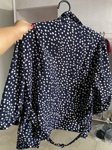 Navy Blue Polka Dot Button-Up Top